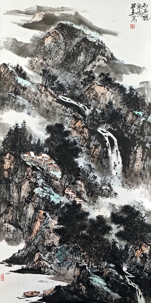 3-馬俊華-山東能源集團(tuán)有限公司-國畫-雨過聽泉鳴-137X68cm(外框193x78)