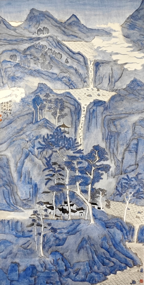 36-趙祥琨-中國(guó)平煤神馬控股集團(tuán)有限公司-國(guó)畫-湖山煙樹(shù)圖-136X68cm(外框193x77)