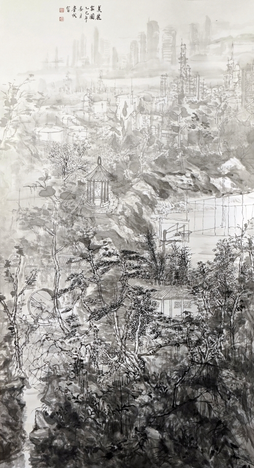 39-鐘普成-中國石油化工集團有限公司-國畫-美麗家園-178X96cm(外框234x105)