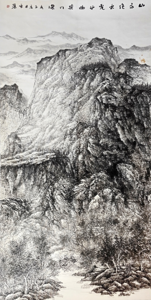 50-程雪麗-中國(guó)石油化工集團(tuán)有限公司-谷幽柴門深-國(guó)畫243X122cm-外框尺寸-299X132CM