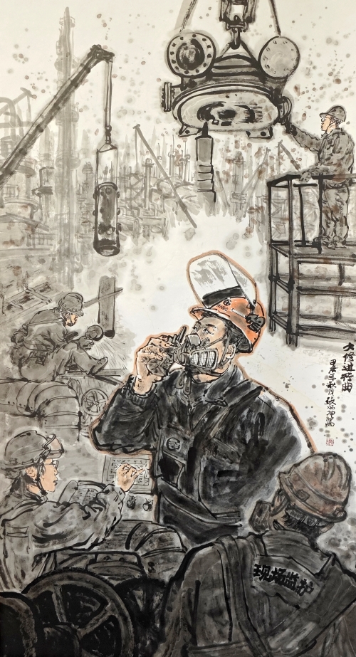 27-張炳坤-濱化集團股份有限公司-國畫-大修進行時-180X96cm(外框233x106)